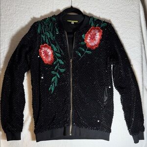 GIANNI BINI XS Black Sequin Jacket with Red Floral Embroidery